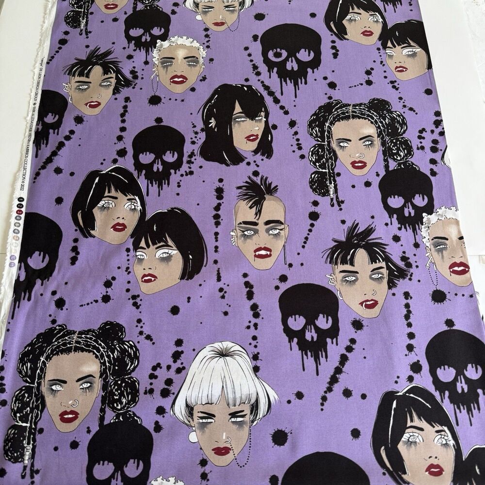 Alexander Henry Vamps Vampire Purple Cotton Fabric Skulls Halloween Print BTY